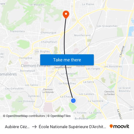 Aubière Cézeaux Pellez to École Nationale Supérieure D'Architecture De Clermont-Ferrand map