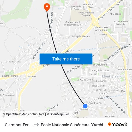 Clermont-Ferrand Gravière to École Nationale Supérieure D'Architecture De Clermont-Ferrand map