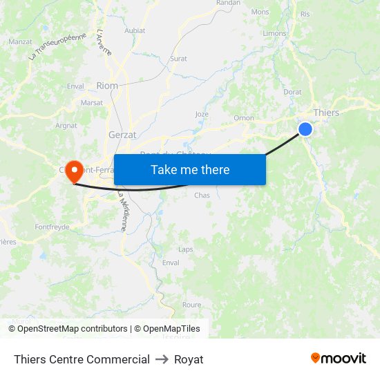 Thiers Centre Commercial to Royat map