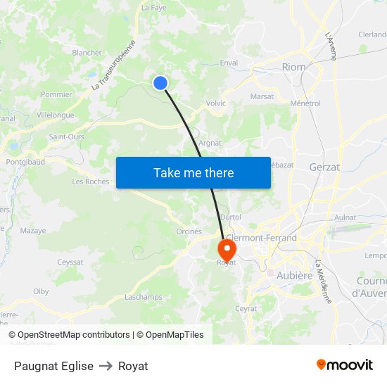 Paugnat Eglise to Royat map