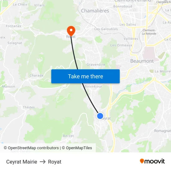 Ceyrat Mairie to Royat map