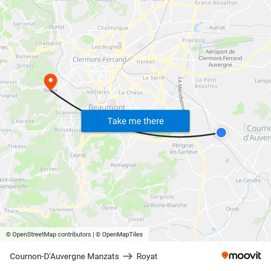 Cournon-D'Auvergne Manzats to Royat map