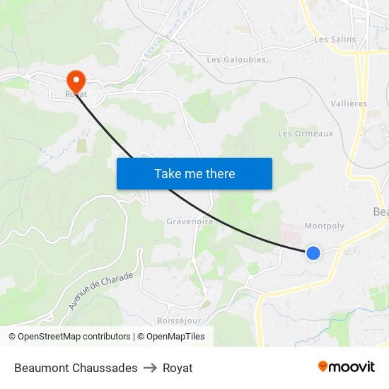 Beaumont Chaussades to Royat map