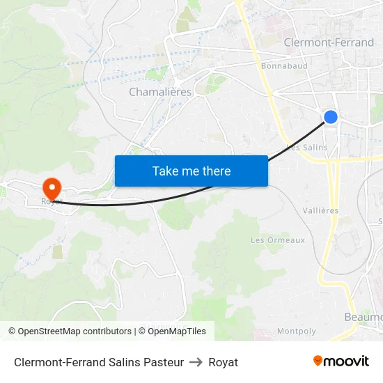 Clermont-Ferrand Salins Pasteur to Royat map