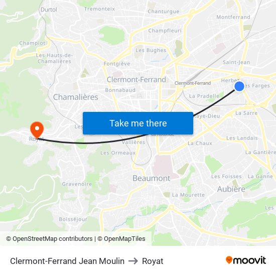 Clermont-Ferrand Jean Moulin to Royat map