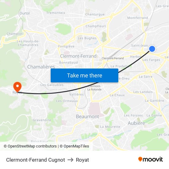Clermont-Ferrand Cugnot to Royat map
