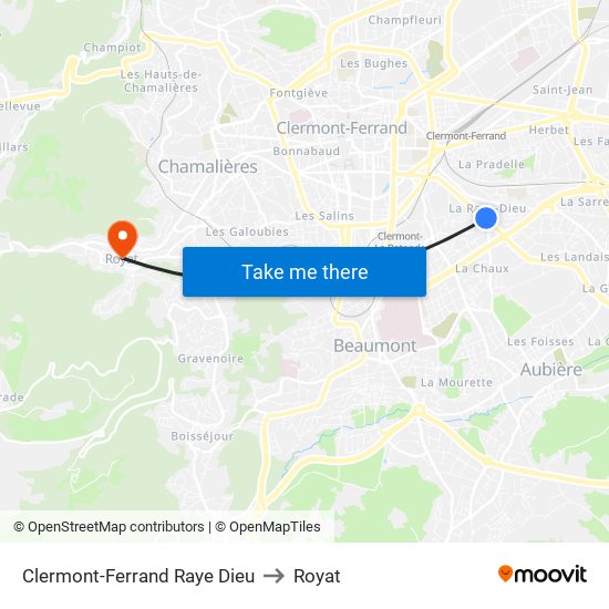 Clermont-Ferrand Raye Dieu to Royat map