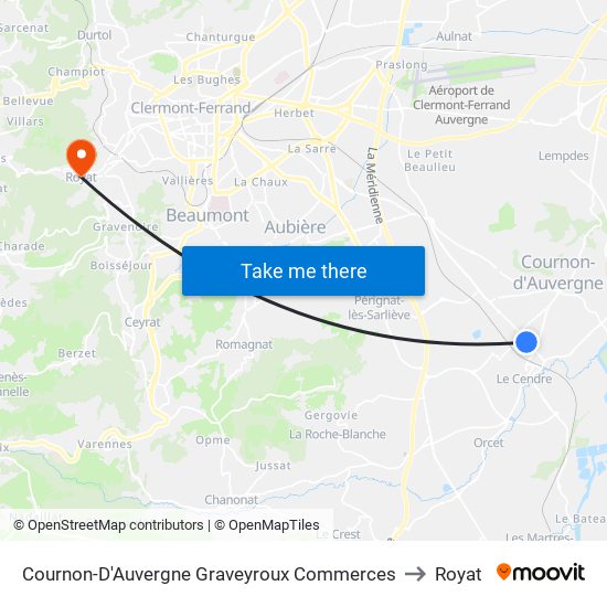 Cournon-D'Auvergne Graveyroux Commerces to Royat map