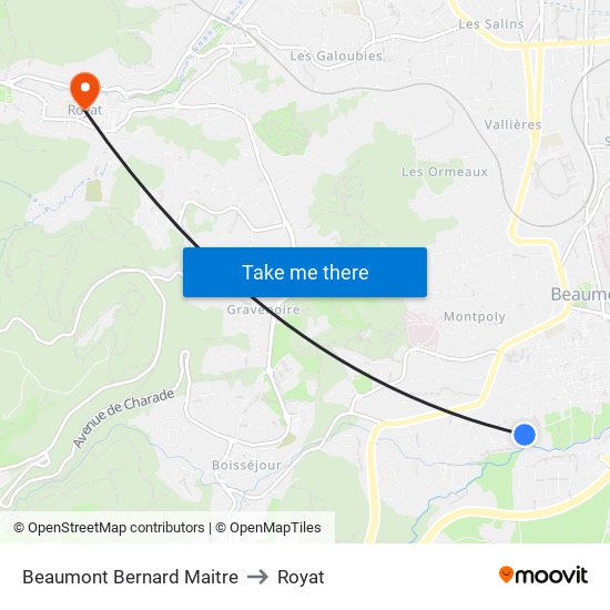 Beaumont Bernard Maitre to Royat map