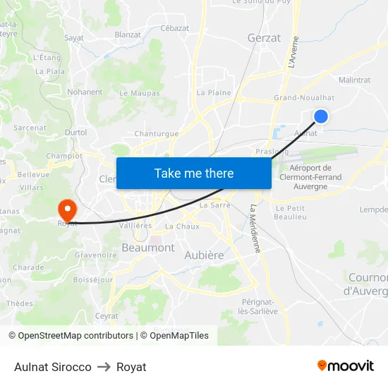 Aulnat Sirocco to Royat map