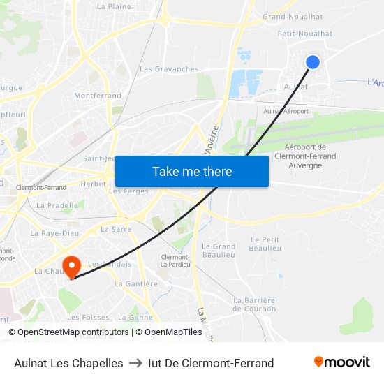 Aulnat Les Chapelles to Iut De Clermont-Ferrand map