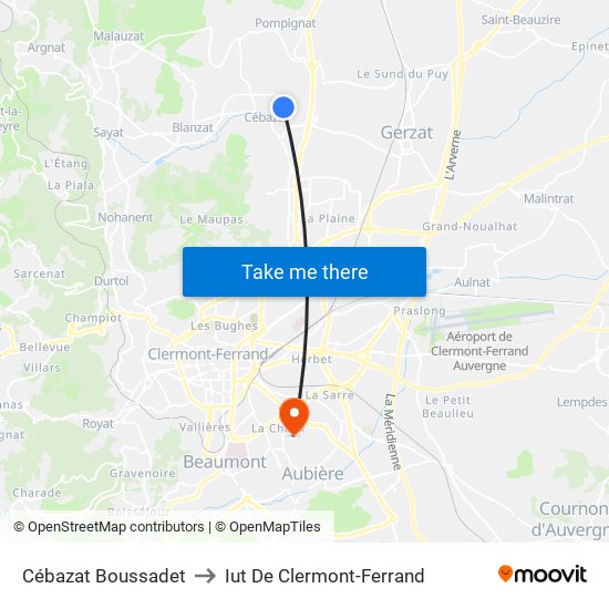 Cébazat Boussadet to Iut De Clermont-Ferrand map