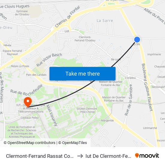 Clermont-Ferrand Rassat Courtiaux to Iut De Clermont-Ferrand map