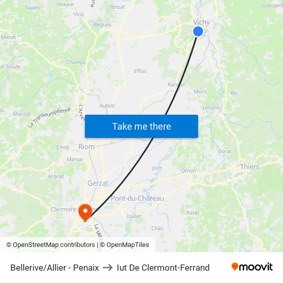 Bellerive/Allier - Penaix to Iut De Clermont-Ferrand map