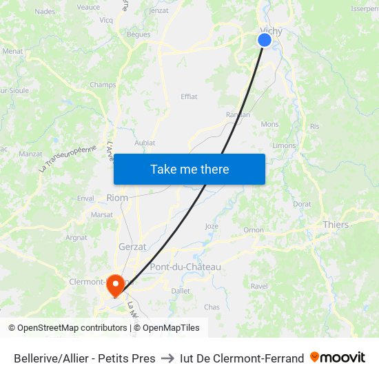 Bellerive/Allier - Petits Pres to Iut De Clermont-Ferrand map