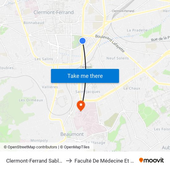 Clermont-Ferrand Sablon Lafayette to Faculté De Médecine Et De Pharmacie map