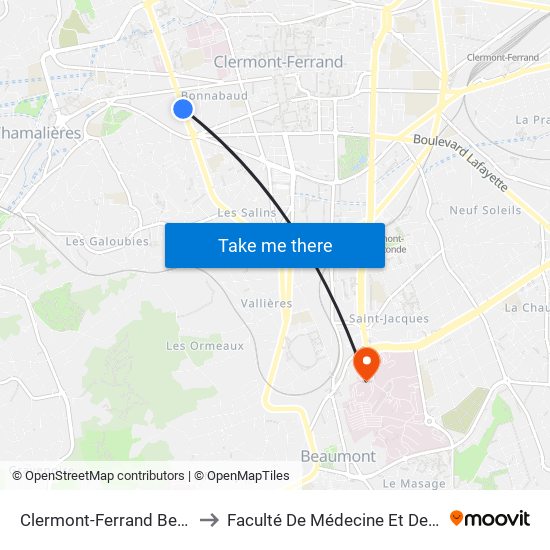 Clermont-Ferrand Beaurepaire to Faculté De Médecine Et De Pharmacie map