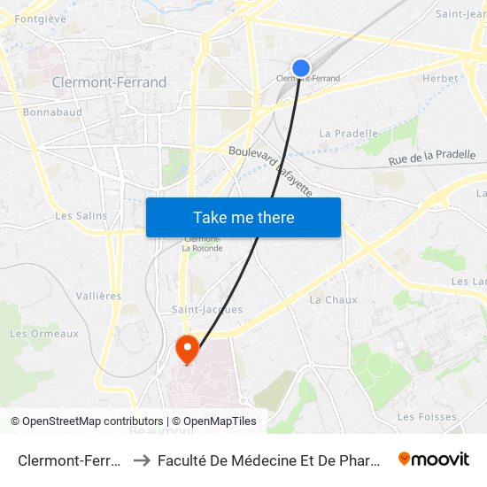 Clermont-Ferrand to Faculté De Médecine Et De Pharmacie map