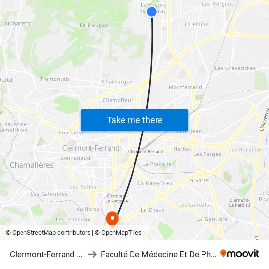 Clermont-Ferrand Arbos to Faculté De Médecine Et De Pharmacie map