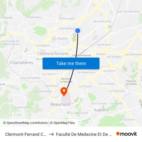 Clermont-Ferrand Cataroux to Faculté De Médecine Et De Pharmacie map