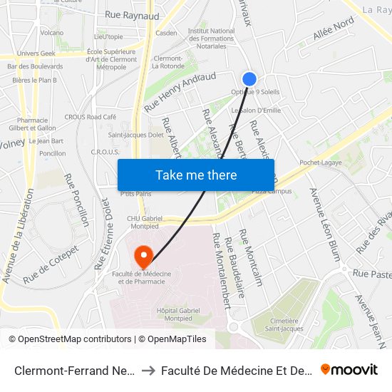 Clermont-Ferrand Neuf Soleils to Faculté De Médecine Et De Pharmacie map