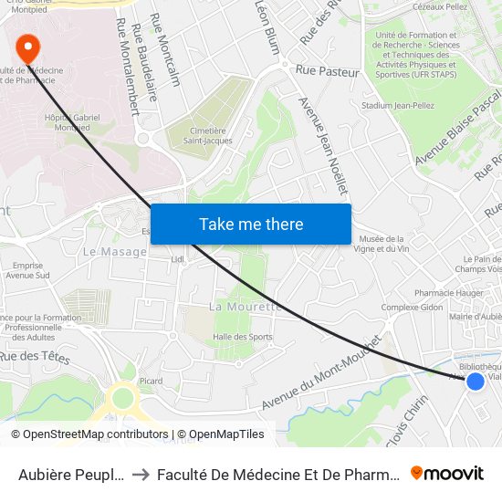 Aubière Peuplier to Faculté De Médecine Et De Pharmacie map
