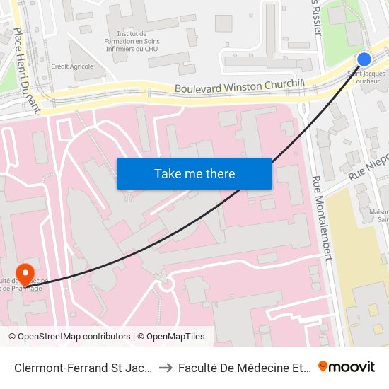 Clermont-Ferrand St Jacques Loucheur to Faculté De Médecine Et De Pharmacie map