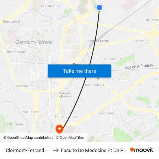 Clermont-Ferrand 1er Mai to Faculté De Médecine Et De Pharmacie map