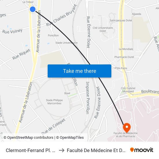 Clermont-Ferrand Pl. De Verdun to Faculté De Médecine Et De Pharmacie map