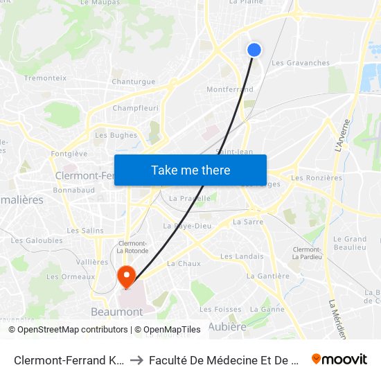 Clermont-Ferrand Kennedy to Faculté De Médecine Et De Pharmacie map