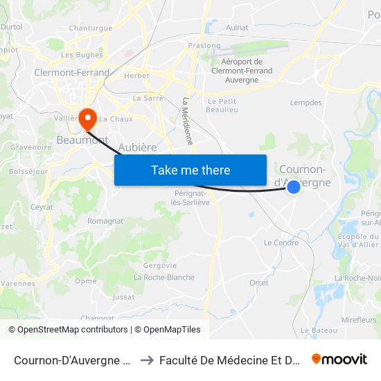 Cournon-D'Auvergne Condorcet to Faculté De Médecine Et De Pharmacie map
