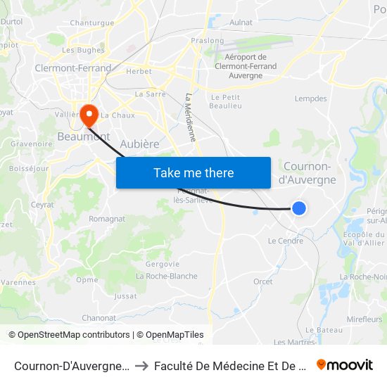 Cournon-D'Auvergne Dômes to Faculté De Médecine Et De Pharmacie map