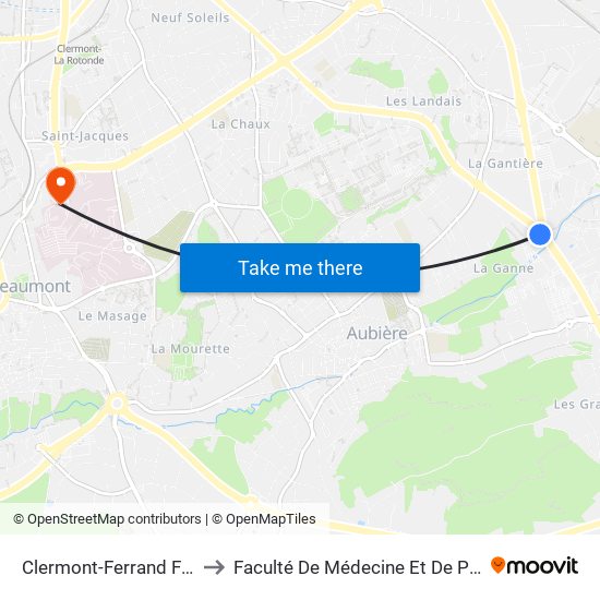 Clermont-Ferrand Flaubert to Faculté De Médecine Et De Pharmacie map