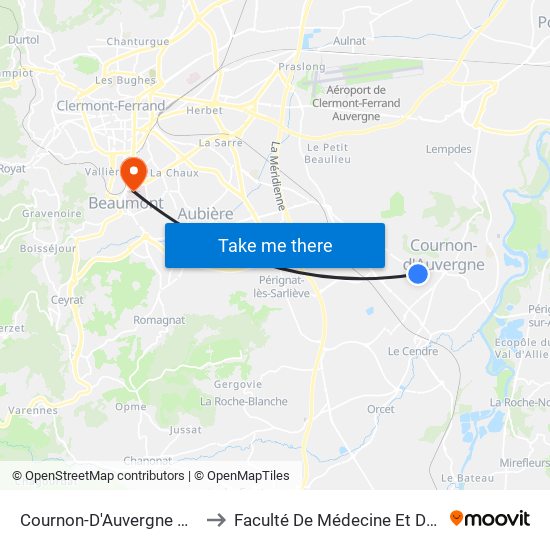 Cournon-D'Auvergne Pervenches to Faculté De Médecine Et De Pharmacie map