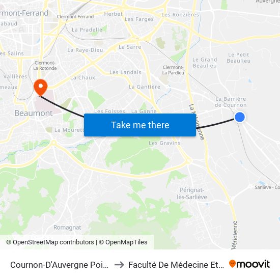 Cournon-D'Auvergne Pointe De Cournon to Faculté De Médecine Et De Pharmacie map