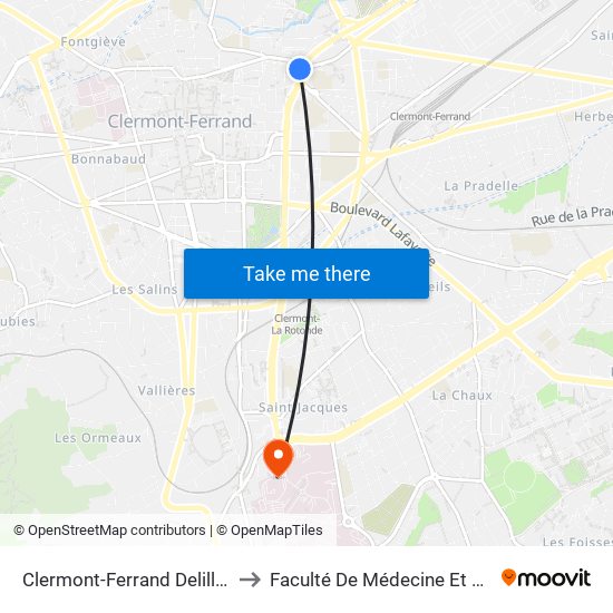 Clermont-Ferrand Delille Montlosier to Faculté De Médecine Et De Pharmacie map