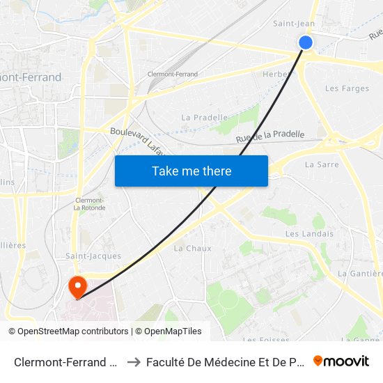 Clermont-Ferrand Aubrac to Faculté De Médecine Et De Pharmacie map