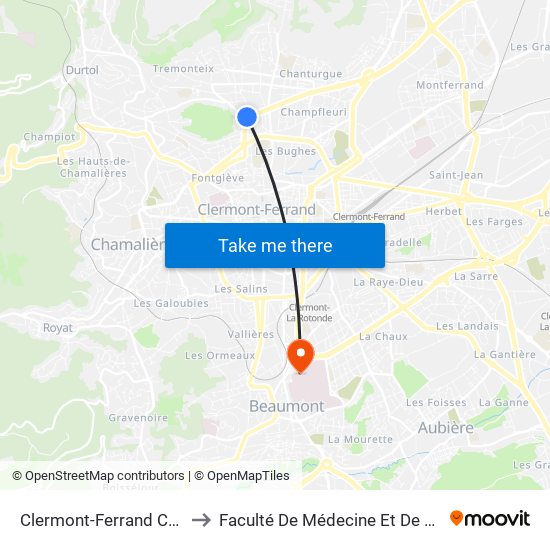 Clermont-Ferrand Chanelles to Faculté De Médecine Et De Pharmacie map