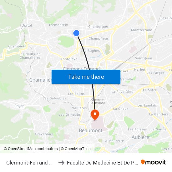 Clermont-Ferrand Glacière to Faculté De Médecine Et De Pharmacie map