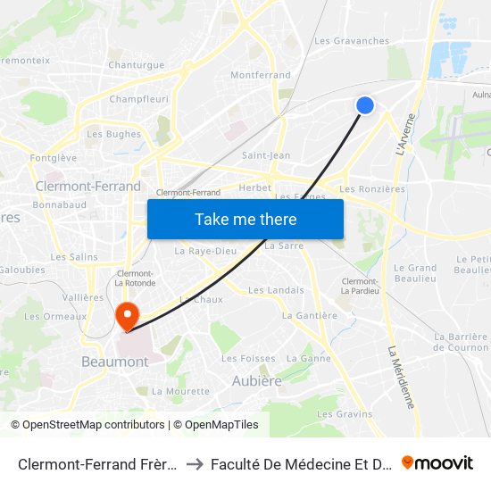 Clermont-Ferrand Frères Lumière to Faculté De Médecine Et De Pharmacie map