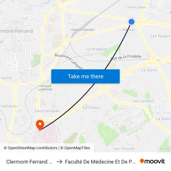 Clermont-Ferrand Herbet to Faculté De Médecine Et De Pharmacie map