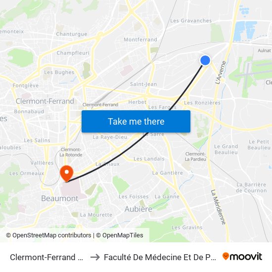 Clermont-Ferrand Palissy to Faculté De Médecine Et De Pharmacie map