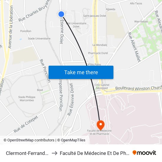 Clermont-Ferrand Dolet to Faculté De Médecine Et De Pharmacie map