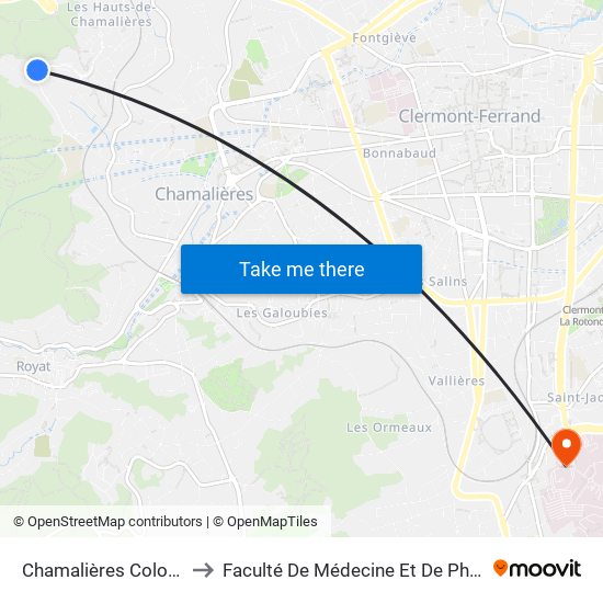 Chamalières Colombier to Faculté De Médecine Et De Pharmacie map