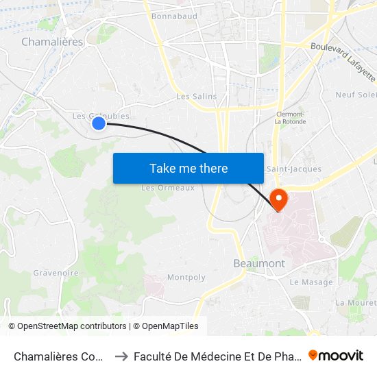 Chamalières Combes to Faculté De Médecine Et De Pharmacie map