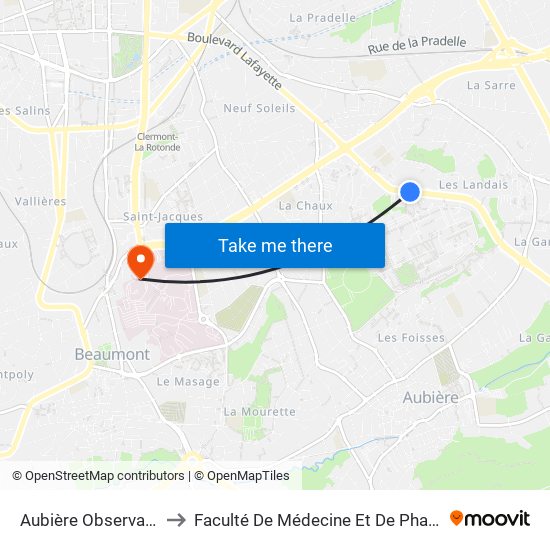 Aubière Observatoire to Faculté De Médecine Et De Pharmacie map