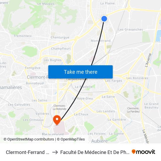 Clermont-Ferrand Trioux to Faculté De Médecine Et De Pharmacie map