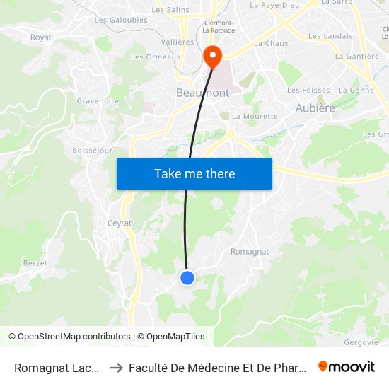 Romagnat Lacheix to Faculté De Médecine Et De Pharmacie map