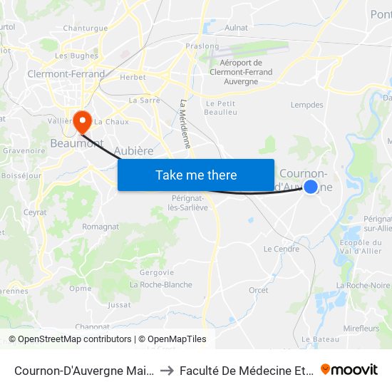 Cournon-D'Auvergne Mairie De Cournon to Faculté De Médecine Et De Pharmacie map