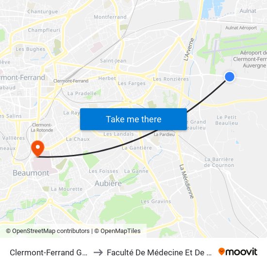 Clermont-Ferrand Gandaillat to Faculté De Médecine Et De Pharmacie map